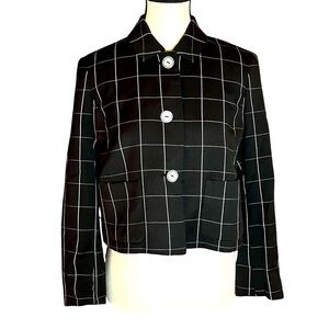 Brooks Brothers Size 6P Black White Windowpane Check Wool Cropped Blazer Jacket